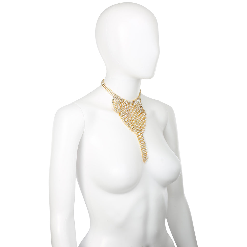 Gold Rhinestone Waterfall Tassel Fringe Statement Necklace