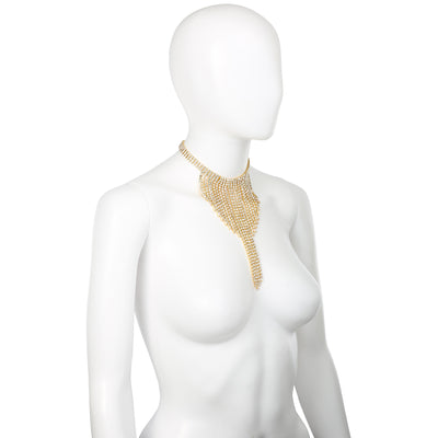 Gold Rhinestone Waterfall Tassel Fringe Statement Necklace