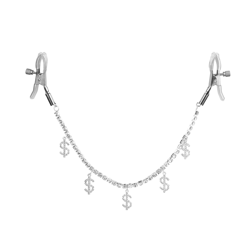 Silver Rhinestone Dollar Sign Nipple Clamps by Fetish Pleasure Play