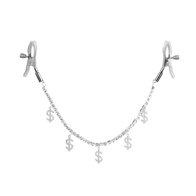 A silver-toned curved chain accessory with five dangling dollar sign charms, shown on a plain white background.