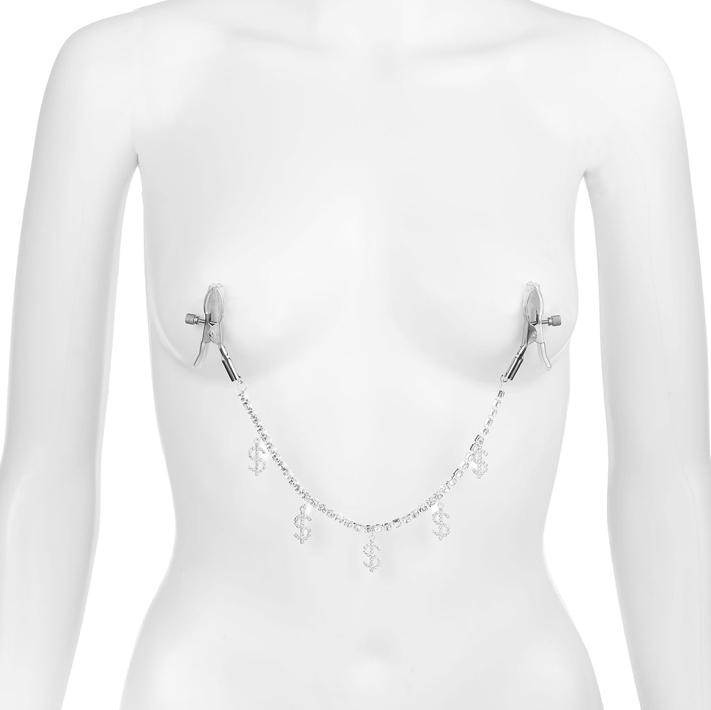 Silver Rhinestone Dollar Sign Nipple Clamps by Fetish Pleasure Play