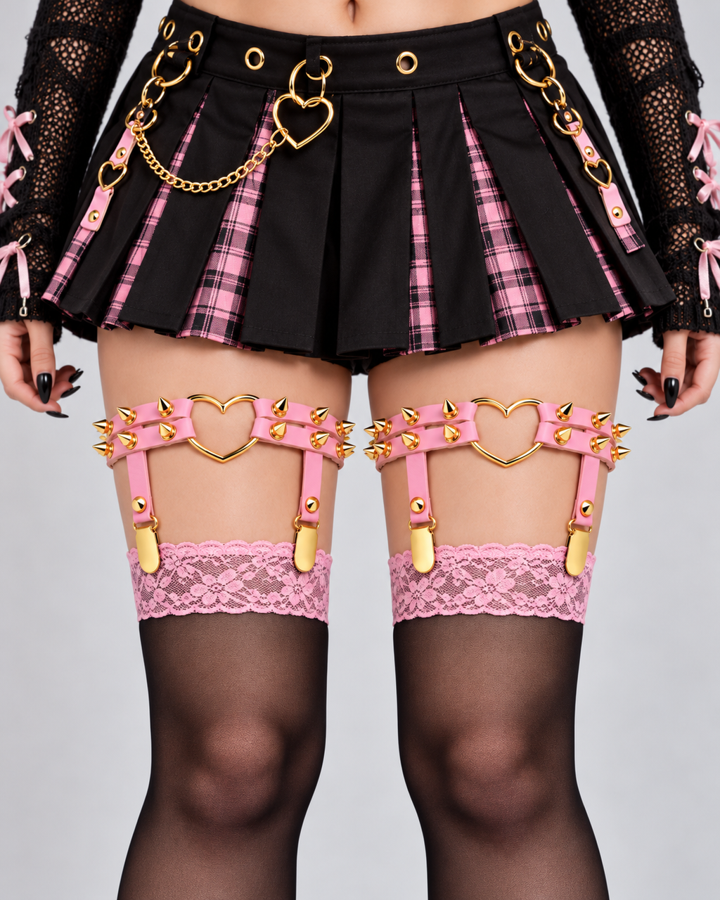Spiked Heart Garter with Stocking Clips, Pink & Gold, 2-Pack