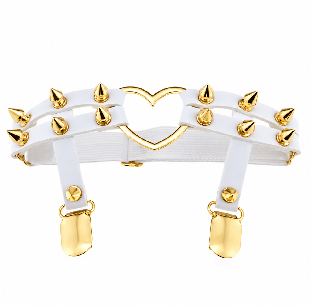 Spiked Heart Garter with Stocking Clips, White & Gold, 2-Pack