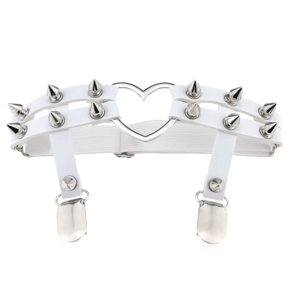 Spiked Heart Garter with Stocking Clips, White & Silver, 2-Pack