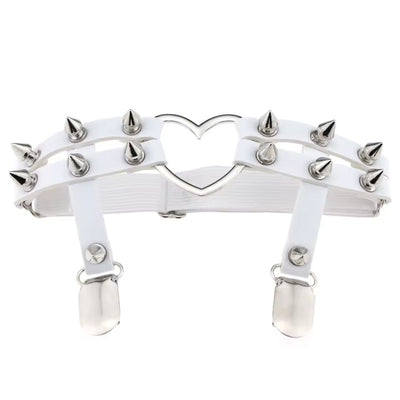 Spiked Heart Garter with Stocking Clips, White & Silver, 2-Pack