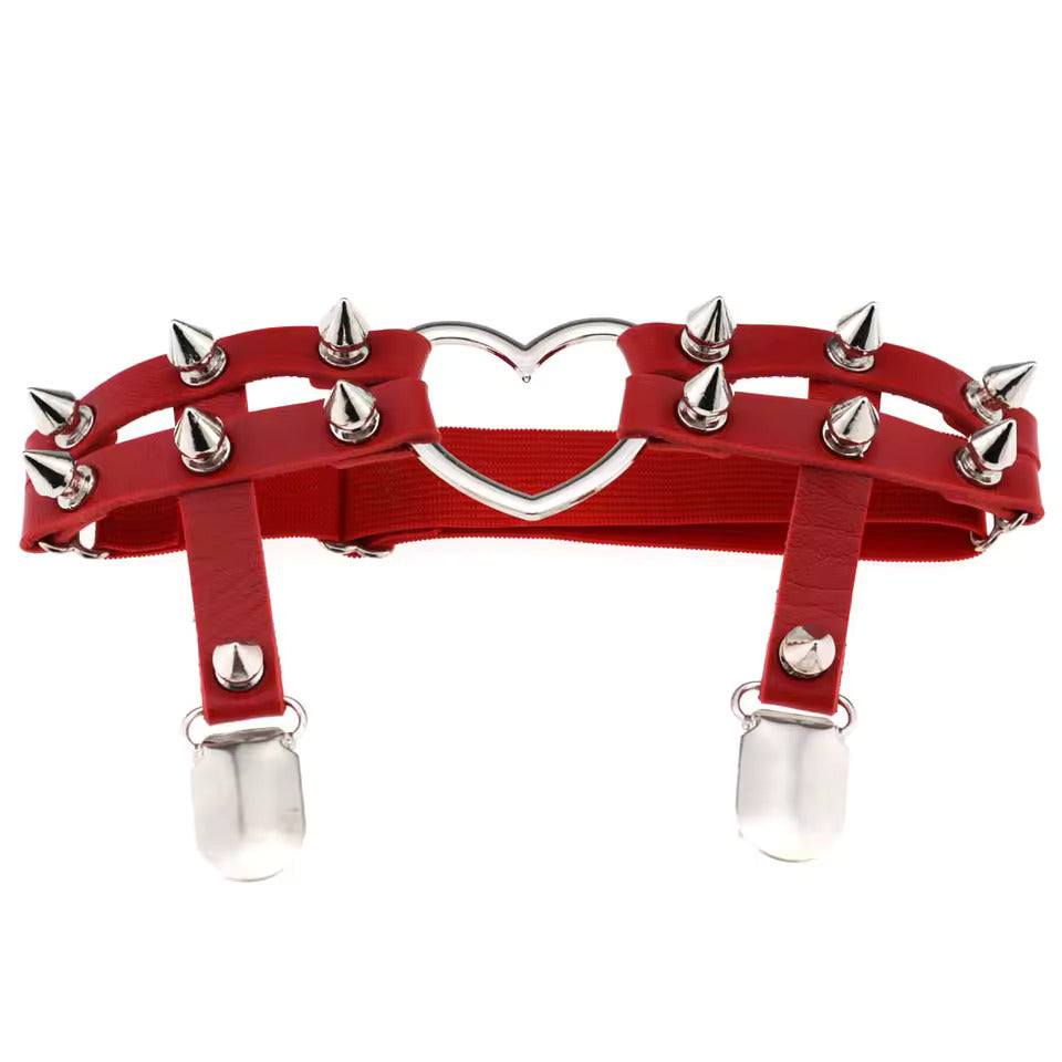Spiked Heart Garter with Stocking Clips, Red & Silver, 2-Pack