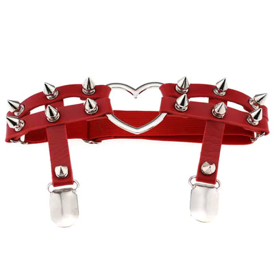 Spiked Heart Garter with Stocking Clips, Red & Silver, 2-Pack