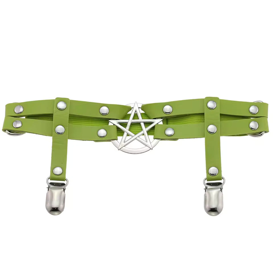 Pentagram Garter with Stocking Clips, Green & Silver, 2-Pack