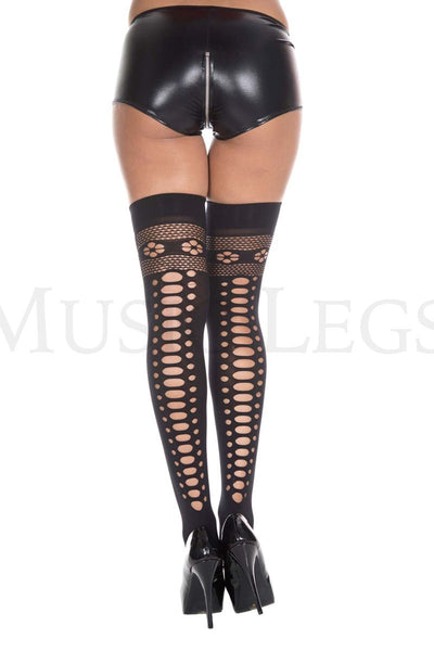 Flower and Oval Cutout Thigh Highs in Black, One Size