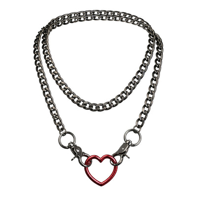 A double-layered chain necklace featuring a dark gunmetal silver-tone chain and a red heart-shaped ring pendant clasp, shown on a plain white background.