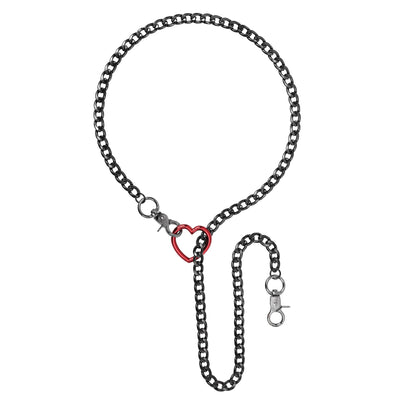 A black metal chain leash with a red heart-shaped ring connector and silver-toned clasp hardware, shown on a plain white background.