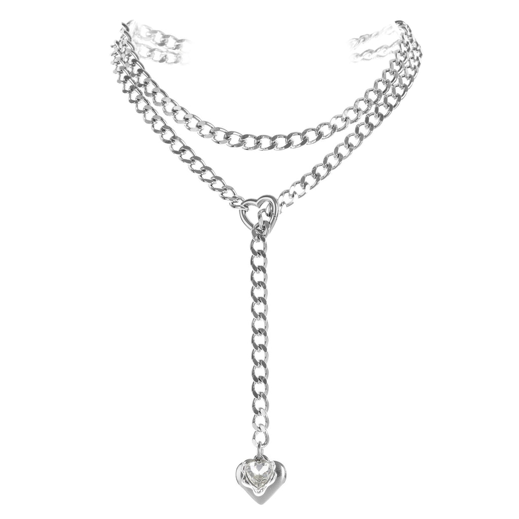 Clear Crystal Pendant Layered Y-Necklace with Heart Clasp in Silver by LoveLinks