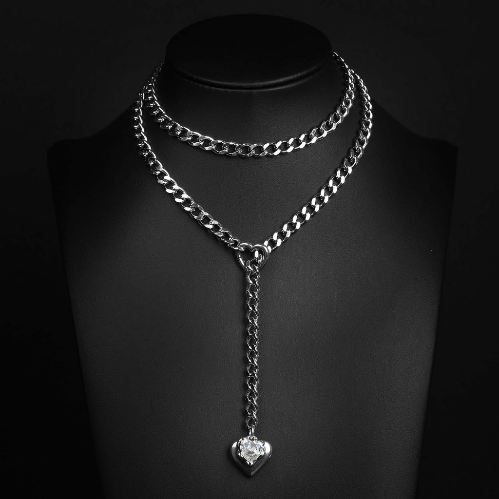 Clear Crystal Pendant Layered Y-Necklace with Heart Clasp in Silver by LoveLinks