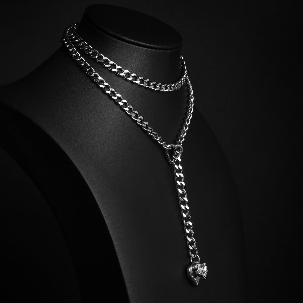 Clear Crystal Pendant Layered Y-Necklace with Heart Clasp in Silver by LoveLinks