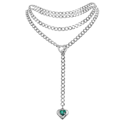 Green Crystal Pendant Layered Y-Necklace with Heart Clasp in Silver by LoveLinks