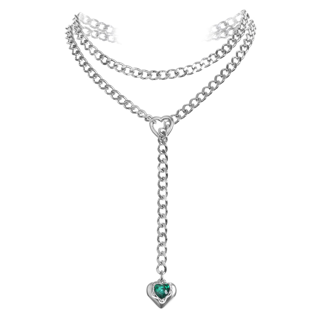 Green Crystal Pendant Layered Y-Necklace with Heart Clasp in Silver by LoveLinks