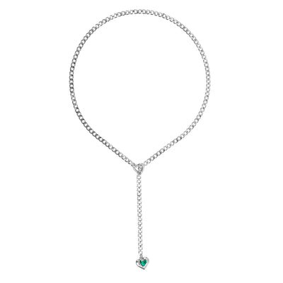 Green Crystal Pendant Layered Y-Necklace with Heart Clasp in Silver by LoveLinks