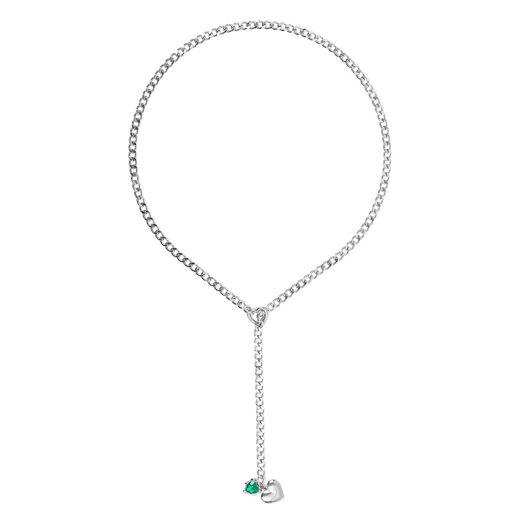 Green Crystal Pendant Layered Y-Necklace with Heart Clasp in Silver by LoveLinks