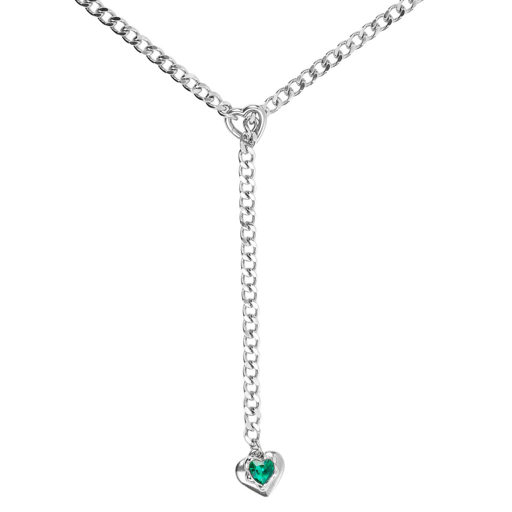 Green Crystal Pendant Layered Y-Necklace with Heart Clasp in Silver by LoveLinks