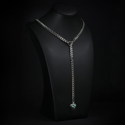 Green Crystal Pendant Layered Y-Necklace with Heart Clasp in Silver by LoveLinks