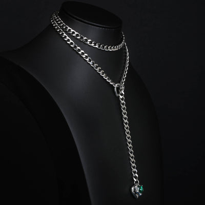Green Crystal Pendant Layered Y-Necklace with Heart Clasp in Silver by LoveLinks