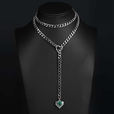 Green Crystal Pendant Layered Y-Necklace with Heart Clasp in Silver by LoveLinks