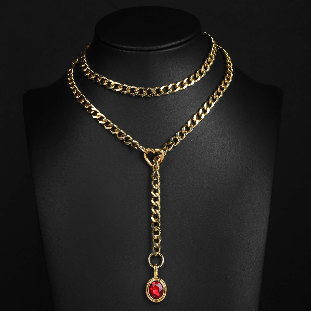 Red Pendant Layered Y-Necklace with Heart Clasp in Gold by LoveLinks