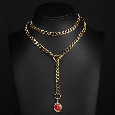 Red Pendant Layered Y-Necklace with Heart Clasp in Gold by LoveLinks