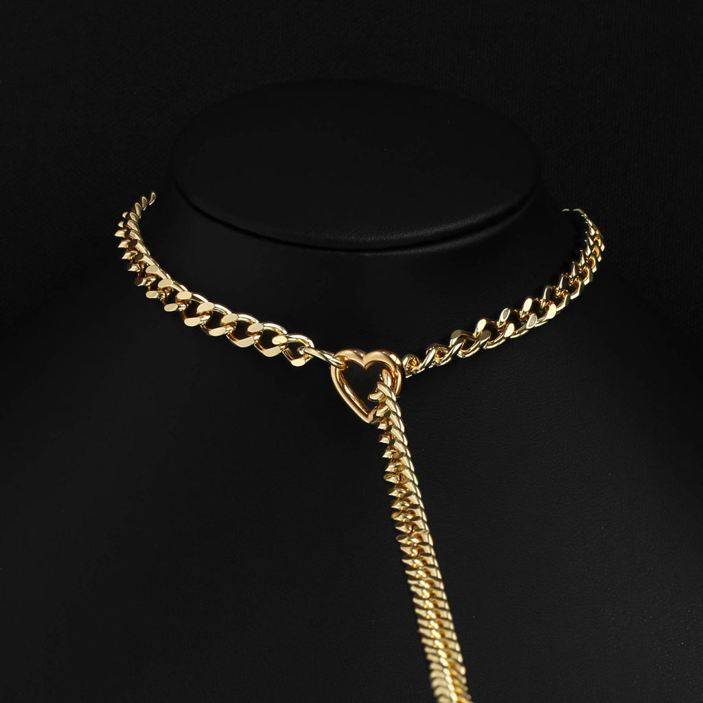 Red Pendant Layered Y-Necklace with Heart Clasp in Gold by LoveLinks