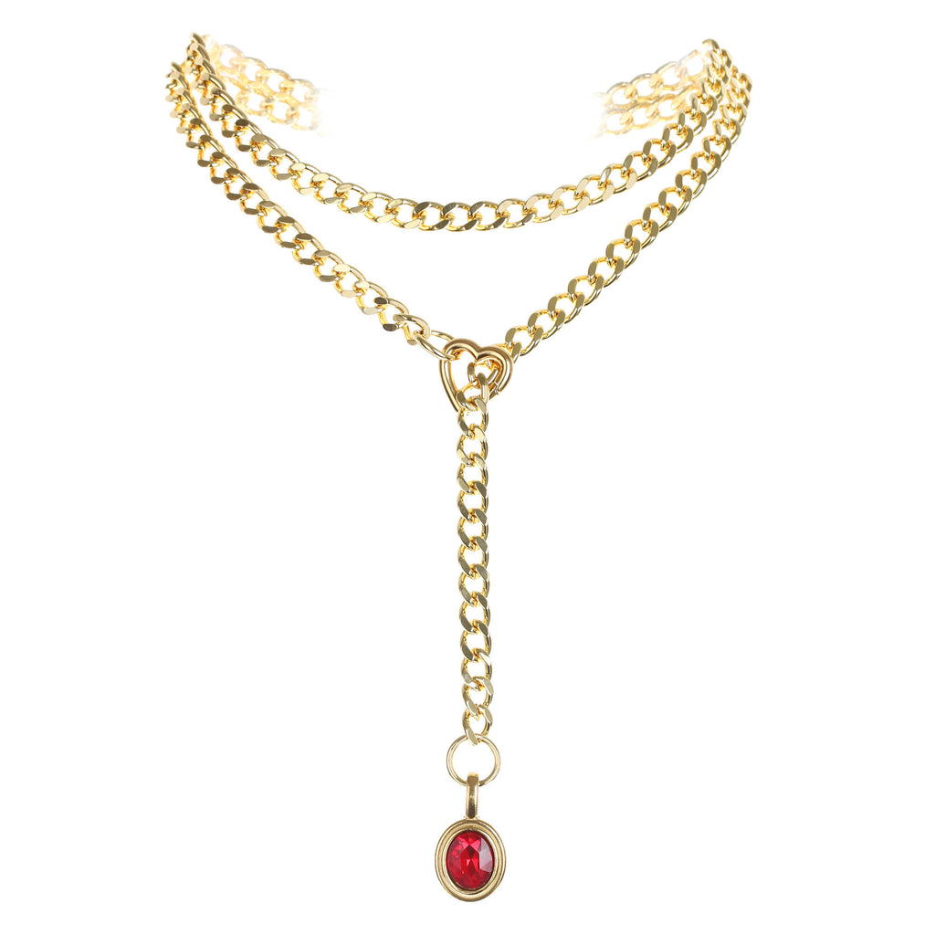 Red Pendant Layered Y-Necklace with Heart Clasp in Gold by LoveLinks