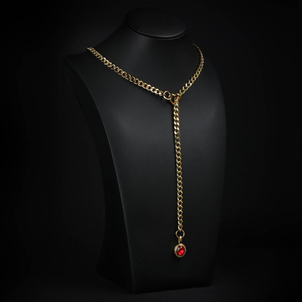 Red Pendant Layered Y-Necklace with Heart Clasp in Gold by LoveLinks
