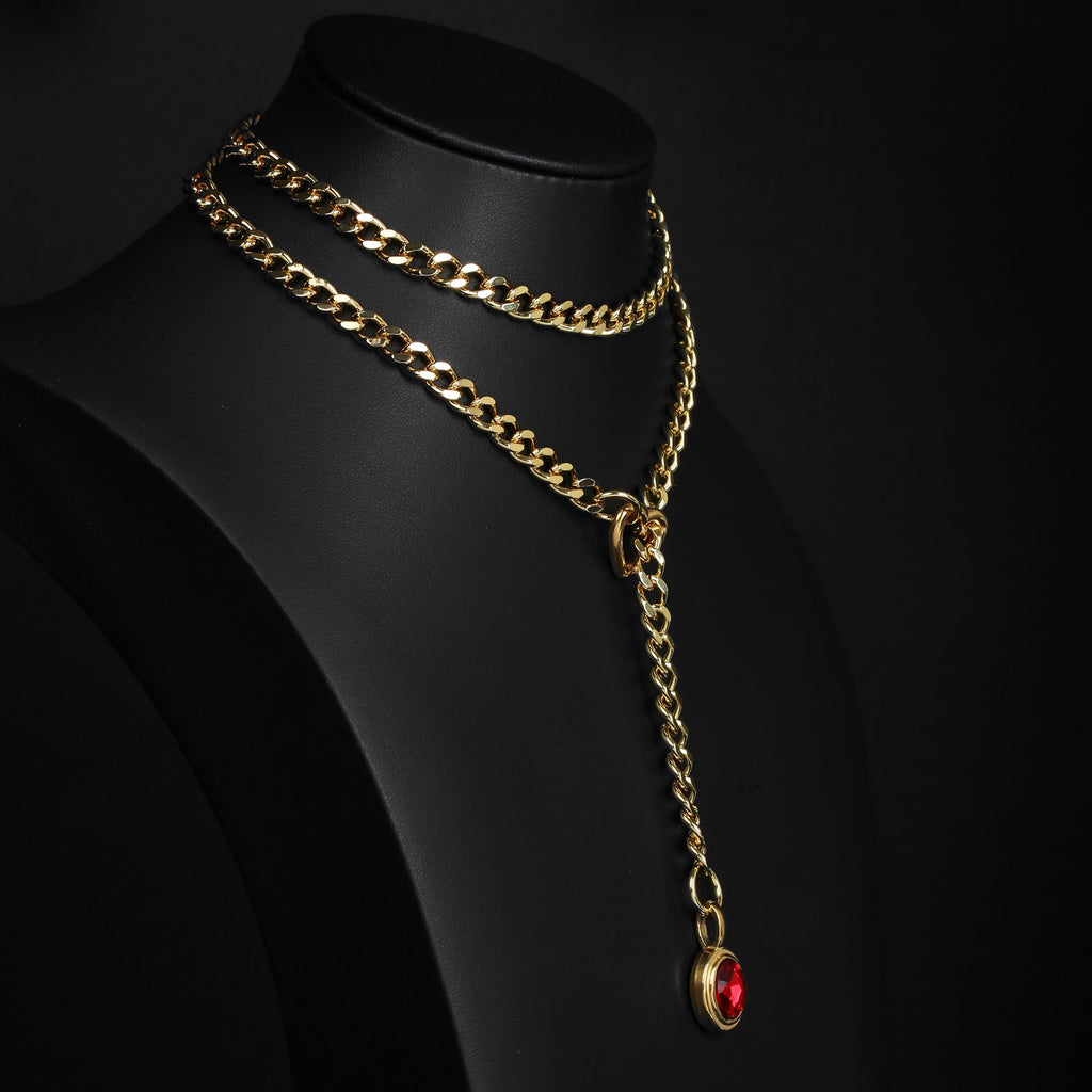 Red Pendant Layered Y-Necklace with Heart Clasp in Gold by LoveLinks