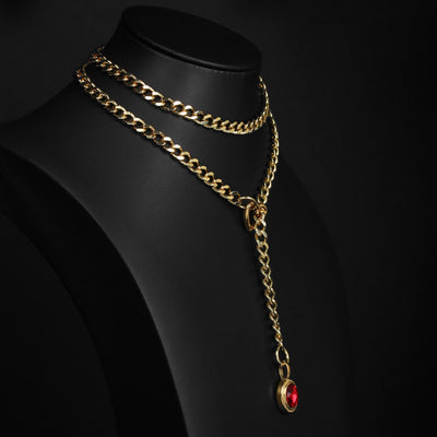 Red Pendant Layered Y-Necklace with Heart Clasp in Gold by LoveLinks