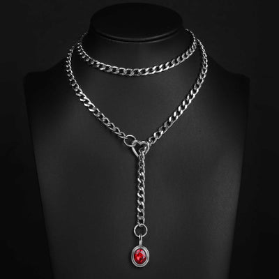 Red Crystal Layered Y-Necklace with Heart Clasp in Silver by LoveLinks