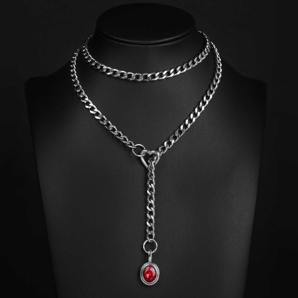 Red Crystal Layered Y-Necklace with Heart Clasp in Silver by LoveLinks