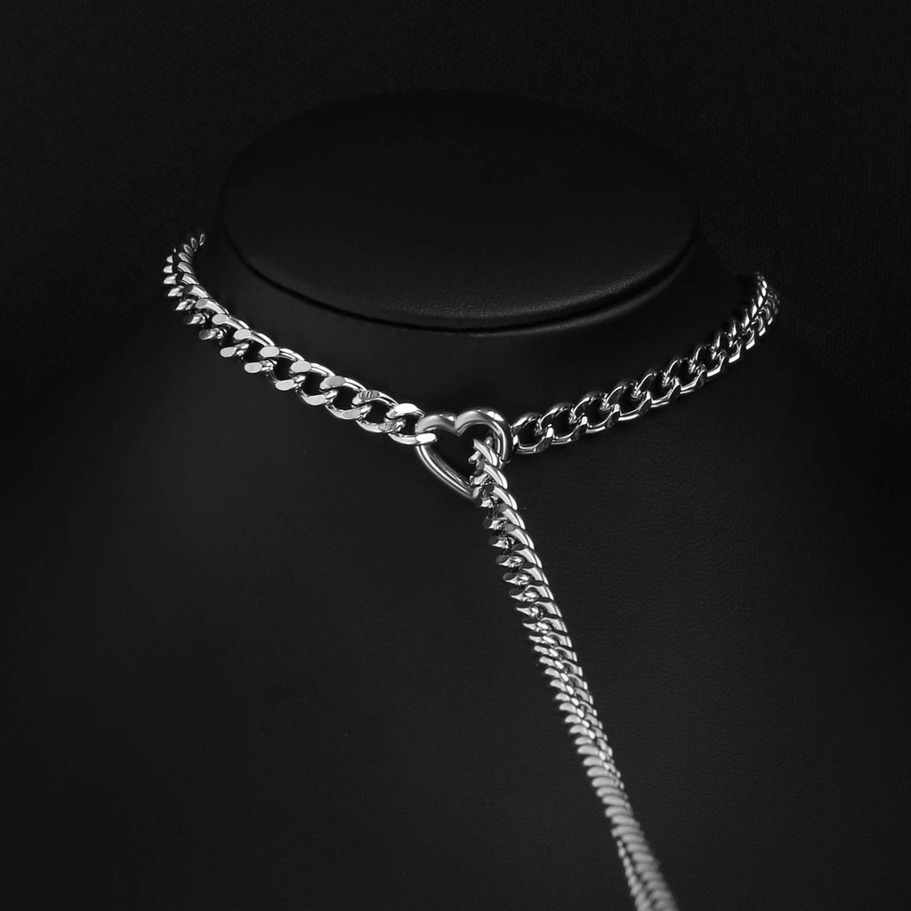 Red Crystal Layered Y-Necklace with Heart Clasp in Silver by LoveLinks