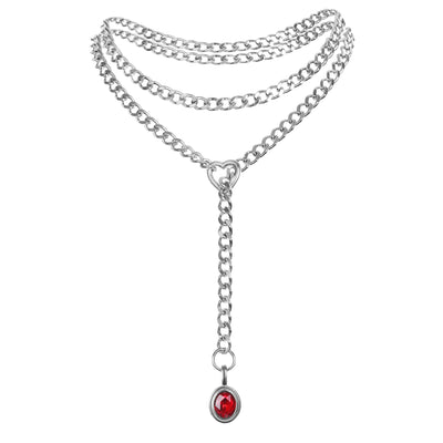 Red Crystal Layered Y-Necklace with Heart Clasp in Silver by LoveLinks