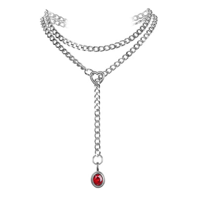 Red Crystal Layered Y-Necklace with Heart Clasp in Silver by LoveLinks