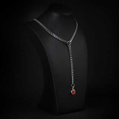 Red Crystal Layered Y-Necklace with Heart Clasp in Silver by LoveLinks