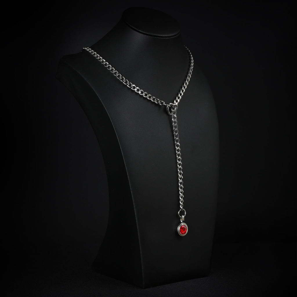 Red Crystal Layered Y-Necklace with Heart Clasp in Silver by LoveLinks