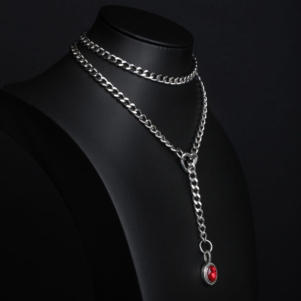 Red Crystal Layered Y-Necklace with Heart Clasp in Silver by LoveLinks