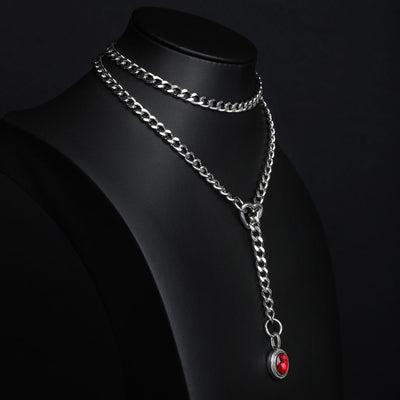 Red Crystal Layered Y-Necklace with Heart Clasp in Silver by LoveLinks