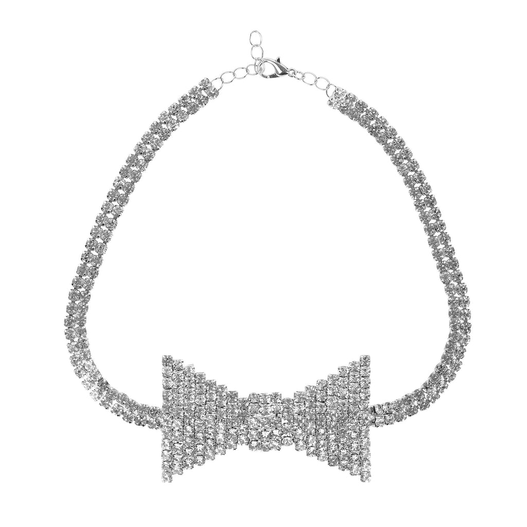 Sparkling Rhinestone Bowtie Collar Choker Necklace in Silver