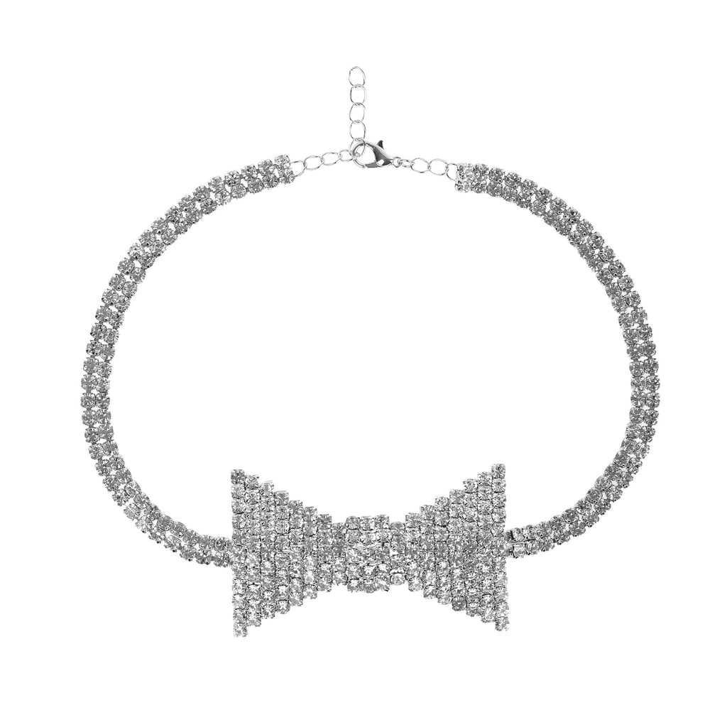 Sparkling Rhinestone Bowtie Collar Choker Necklace in Silver