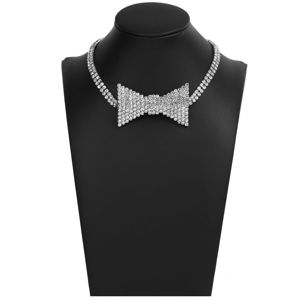 Sparkling Rhinestone Bowtie Collar Choker Necklace in Silver