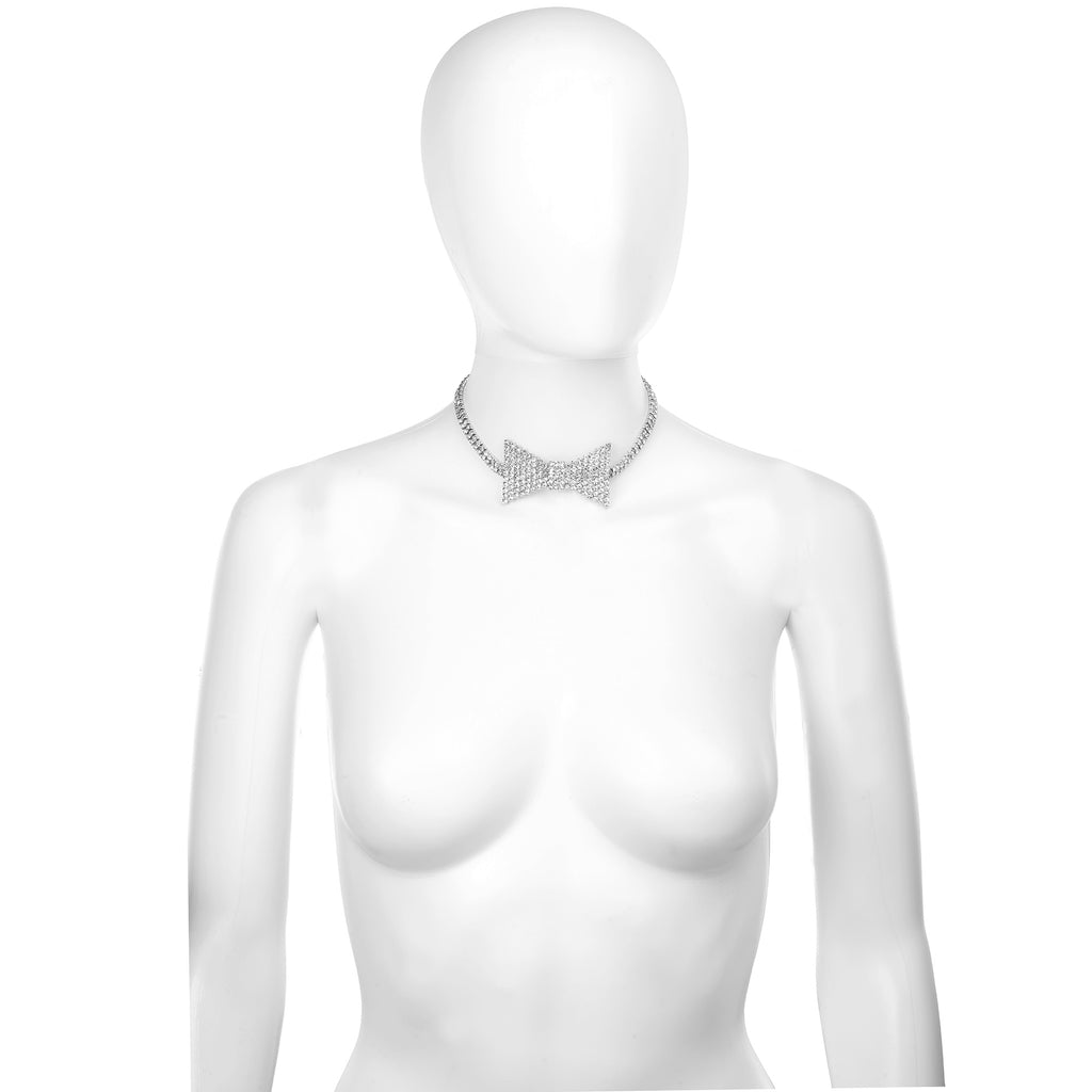 Sparkling Rhinestone Bowtie Collar Choker Necklace in Silver