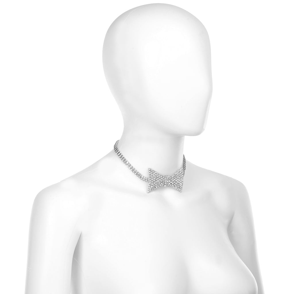Sparkling Rhinestone Bowtie Collar Choker Necklace in Silver