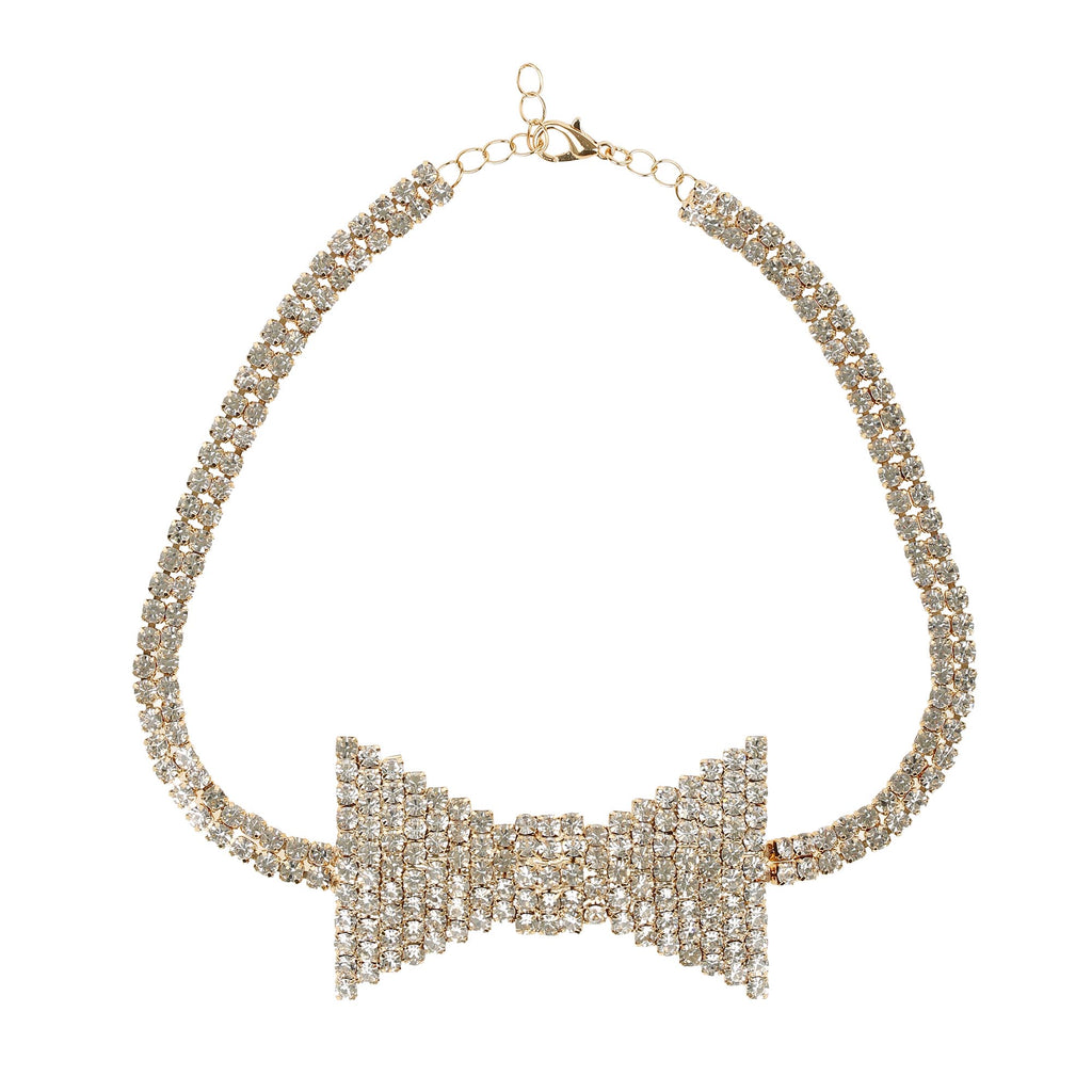Sparkling Rhinestone Bowtie Collar Choker Necklace in Gold