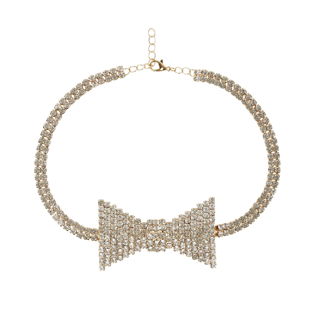 Sparkling Rhinestone Bowtie Collar Choker Necklace in Gold