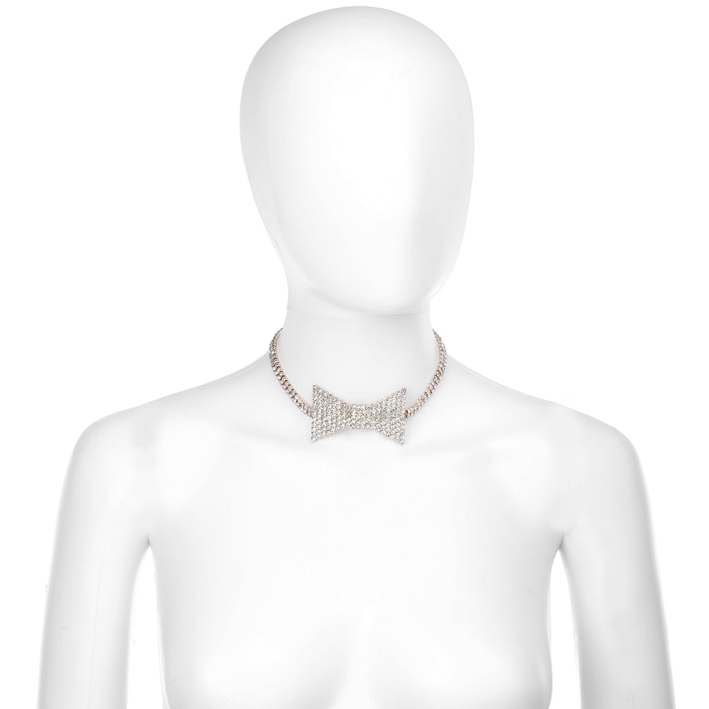 Sparkling Rhinestone Bowtie Collar Choker Necklace in Gold